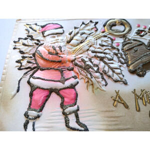 Santa Claus Postcard Mica Glitter Deep Embossed Airbrushed Gold Bells Vintage